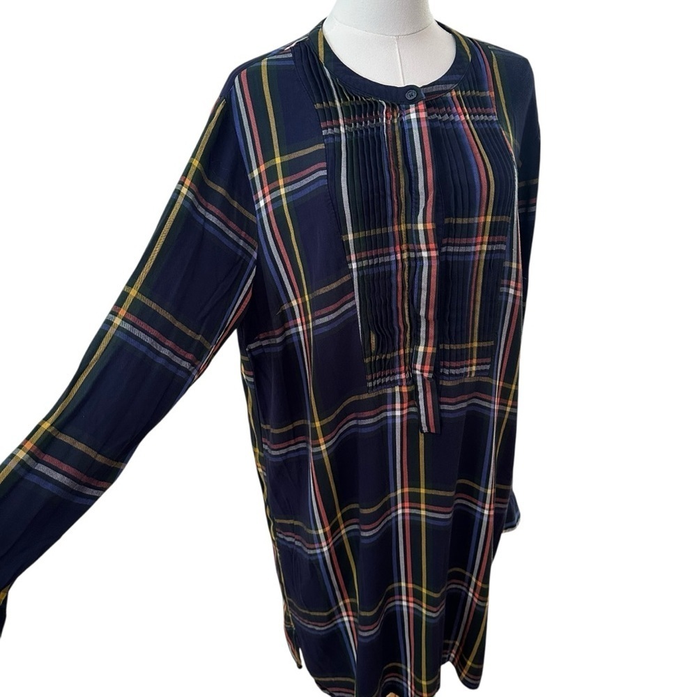 Women's XL Navy Blue Plaid Pleated Long Sleeve Preppy Midi Casual Soft Dress - Picture 6 of 6